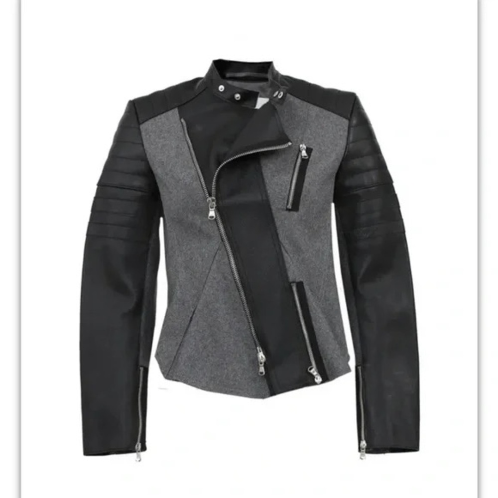 3.1 Phillip Lim Moto Jacket Womens Size 2 Gray / Black Wool Blend Calf Leather